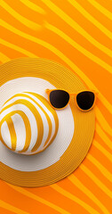 A yellow and white striped sun hat with sunglasses on an orange background. Minimal creative summer fashion and travel concept. Travel agency advertisement, copy space, flat lay.