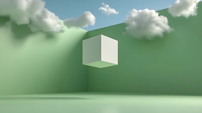 Minimalist 3D Scene with Floating Cube and Soft Cloud Background