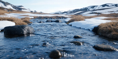A clear stream flows gently over smooth stones surrounded by grassy banks and patches of lingering snow. The serene setting showcases rolling hills under a blue sky in early spring