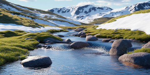 A crystal-clear stream winds through a rocky terrain surrounded by vibrant green grass and snow-capped mountains under a bright blue sky. Tranquil natural setting invites exploration