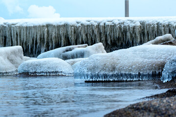 Ice formations on Kew Beach in Toronto shot in mid winter room for text