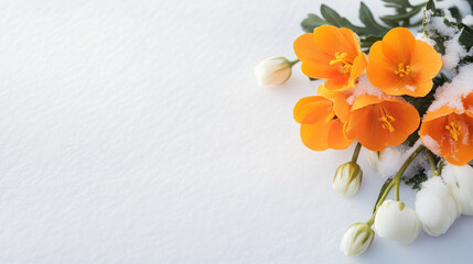 Colorful flowers emerge vibrantly from a snowy surface illustrating the contrast of spring against the remnants of winter. Soft white buds accompany the blooms adding to the serene ambiance