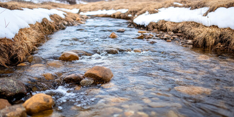 Obraz premium A crystal-clear stream winds through rocky banks surrounded by tufts of grass and remnants of snow. The serene water reflects the natural beauty of springtime in the wilderness