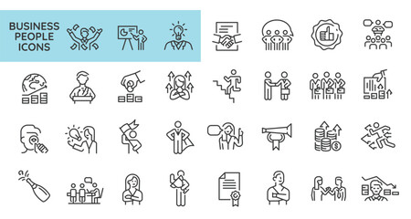 Business people icons. Set of 31 office minimal icons. Example: desk, suit, presentation, office chair, computer icon. Design signs for web page, mobile app, packaging design. Vector illustration.