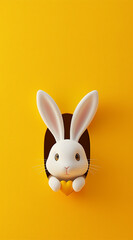 Obraz premium A cute rabbit peeks out of a hole in a yellow wardrobe, against a simple yellow and white background.Minimal creative Easter holiday advertise concept with copy space.Flat lay 