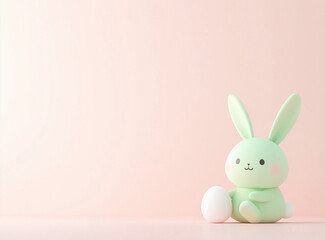 Obraz premium A cute pastel violet bunny with a pink Easter egg on a pastel background, with copy space for text, suitable for banner design.