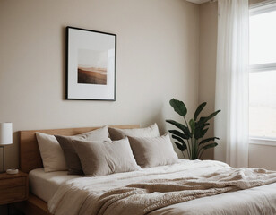 Minimalist bedroom with a neutral color palette, featuring a wooden bed frame, beige bedding, a framed wall art piece, a potted plant, and soft natural light from a window.