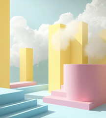 A pastel-colored background for product presentation features soft blue stairs leading to an arched window, pink and white cloud elements, and a spacious display area with a light yellow cube 