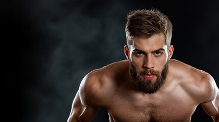 Fototapeta premium A muscular man with a beard stares intensely at the camera against a dark background. His focused gaze and physique convey strength and determination.
