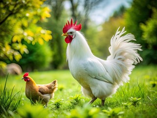 Fototapeta premium Rustic farm photo: a vintage Silkie rooster amidst lush organic garden, embodying free-range countryside life.