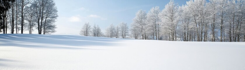 Obraz premium Serene Winter Landscape with Snow-Covered Field and Frosty Trees Under a Clear Blue Sky