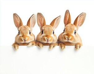 Fototapeta premium Cute brown rabbits are peeking over the edge of a blank banner against a white background.Minimal creative Easter holiday advertise concept.Copy space,flat lay
