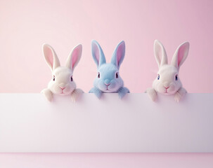 Cute pastel colorful rabbits are peeking over the edge of a blank banner against a pastel background.Minimal creative Easter holiday advertise concept.Copy space,flat lay