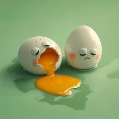 Surreal photo of two eggs with faces and one cracked egg half on a green background.Minimal creative food concept.Copy space,flat lay 