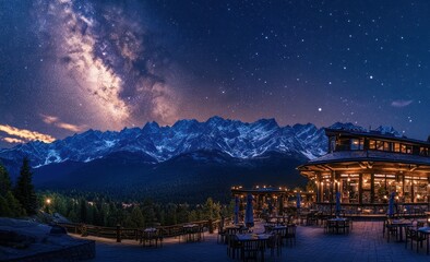 Fototapeta premium Mountain Restaurant Under Milky Way Galaxy At Night