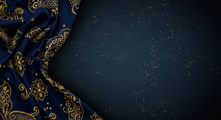 Naklejka premium vibrant navy blue material adorned with gold floral elements and scattered sparkles paired with dark blue surface suitable for festive and celebratory themes in ramadan