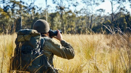 A person with a camera hunting for the perfect wildlife shot in a national park