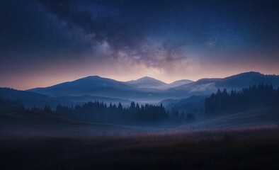 Fototapeta premium Night Sky Over Misty Mountain Range And Forest