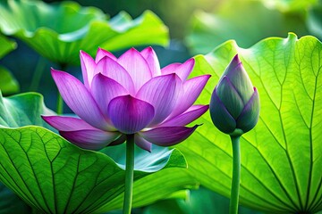 Obraz premium Vibrant purple lotus buds and lush green leaves, a high-resolution nature photograph.