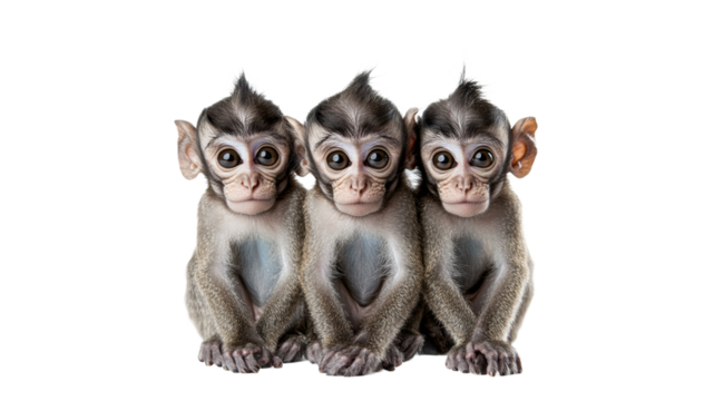 Three playful monkeys sitting close together