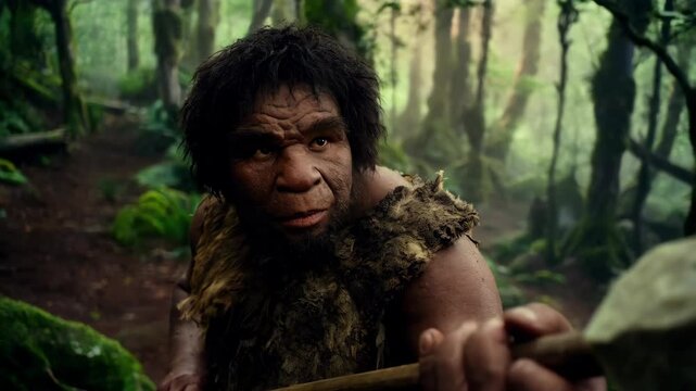 Primitive hunter navigates dense forest with spear, embracing nature's challenges and survival instincts