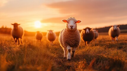 A flock of sheep grazes peacefully in a field during sunset, capturing the beauty of nature and the tranquility of rural life in a picturesque setting that inspires calm and reflection.