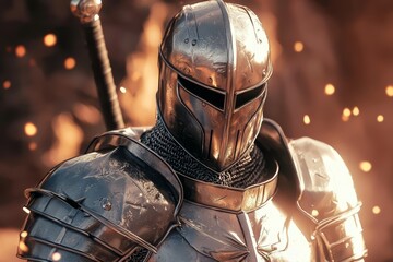 Fototapeta premium A striking representation of a medieval knight adorned in polished silver armor.