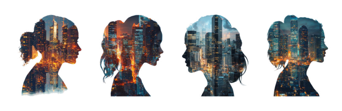 Silhouettes with City Skyline Overlay