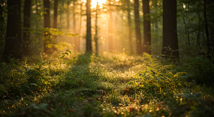 Fototapeta premium The first rays of sun ignite the morning dew, turning the forest floor into a sea of twinkling light.
