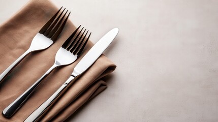 This image features an elegant arrangement of silverware including forks and a knife placed neatly on a soft brown cloth, showcasing simplicity and sophistication in dining settings.