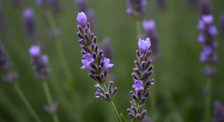Fototapeta premium Dewdrops cling to lavender sprigs, amplifying their soft purple hues and releasing a soothing fragrance into the crisp air.