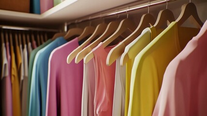 Obraz premium Photorealistic image of a closet organized by color, with neatly arranged clothing and minimal items 
