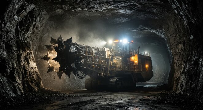 Powerful Continuous Miner Excavating Deep in a Dark Underground Coal Mine
