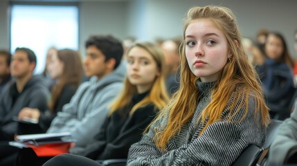 Obraz premium A classroom with a hundred students attentively listening to a lecture