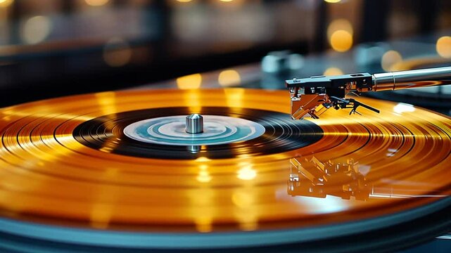 Golden vinyl record spinning on turntable in a dimly lit bar