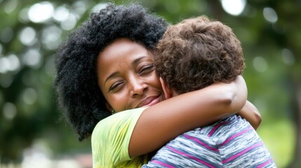 Fototapeta premium A mother hugging her child tightly in a heartfelt moment at a park