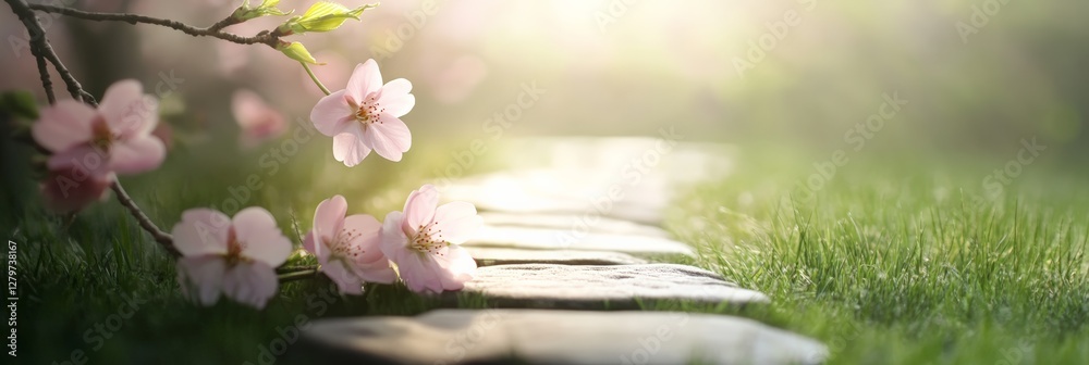 Poster gentle sunlight filters through delicate cherry blossoms, casting a warm glow on a stone path windin