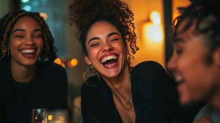 A group of friends laughing hysterically during a game night, captured in a candid moment.