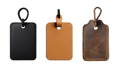 Variety of luggage tags displayed on a neutral background highlighting different materials and designs for travel organization