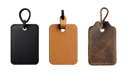 Variety of luggage tags displayed on a neutral background highlighting different materials and designs for travel organization