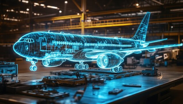 Futuristic aircraft design blueprint displayed in a high tech industrial facility with advanced avionics