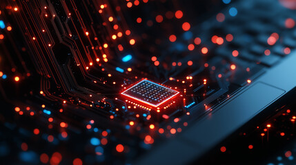 Close up of a laptop with abstract glowing AI chip on blurry background. Artificial intelligence and innovation concept. 