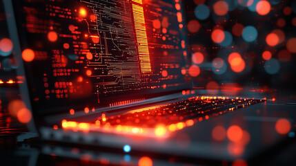Close up of a laptop with abstract glowing AI chip on blurry background. Artificial intelligence and innovation concept. 