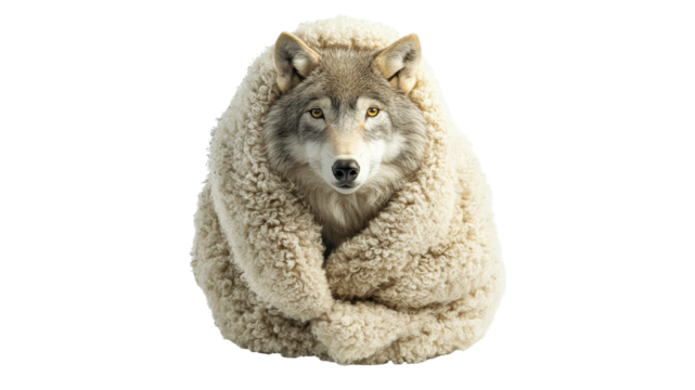 Wolf wrapped in a cozy blanket in a studio setting