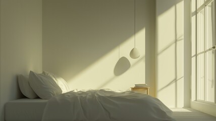 Photorealistic image of a tidy, minimalistic bedroom with a white bed, single lamp, and neutral tones throughout