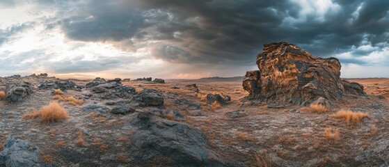 Dramatic Sunset Over Rocky Desert Landscape