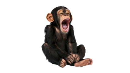Young chimpanzee yawns while sitting calmly