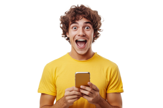 Excitement of a young man using a smartphone