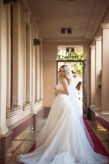 beautiful blonde bride in a beautiful hotel in an arch in a long wedding dress