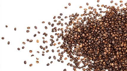 Abundant Raw Coffee Beans Spilling on White Surface Background